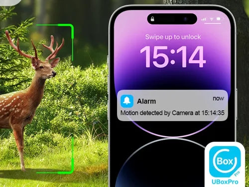 UBox Pro motion alert on a phone lock screen next to a deer