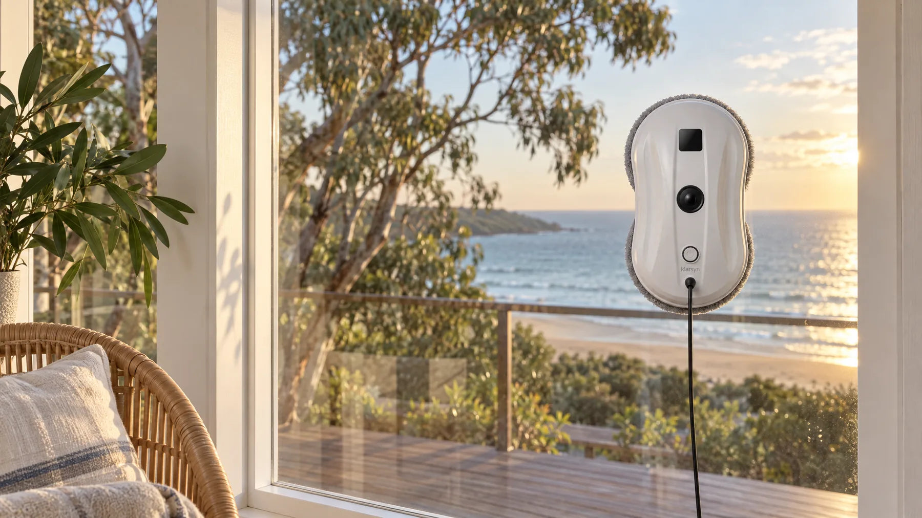 Klarsyn One on the window of a coastal home with gum trees and the ocean outside