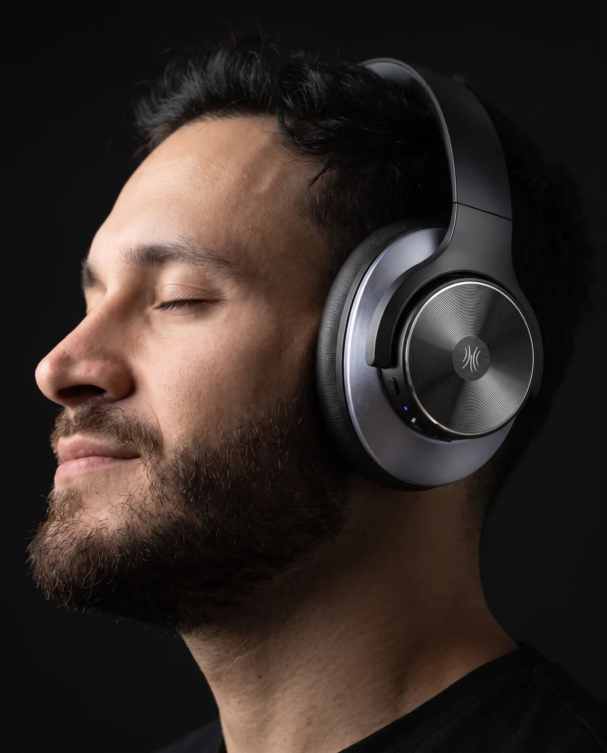 Man wearing the headphones in black, eyes closed