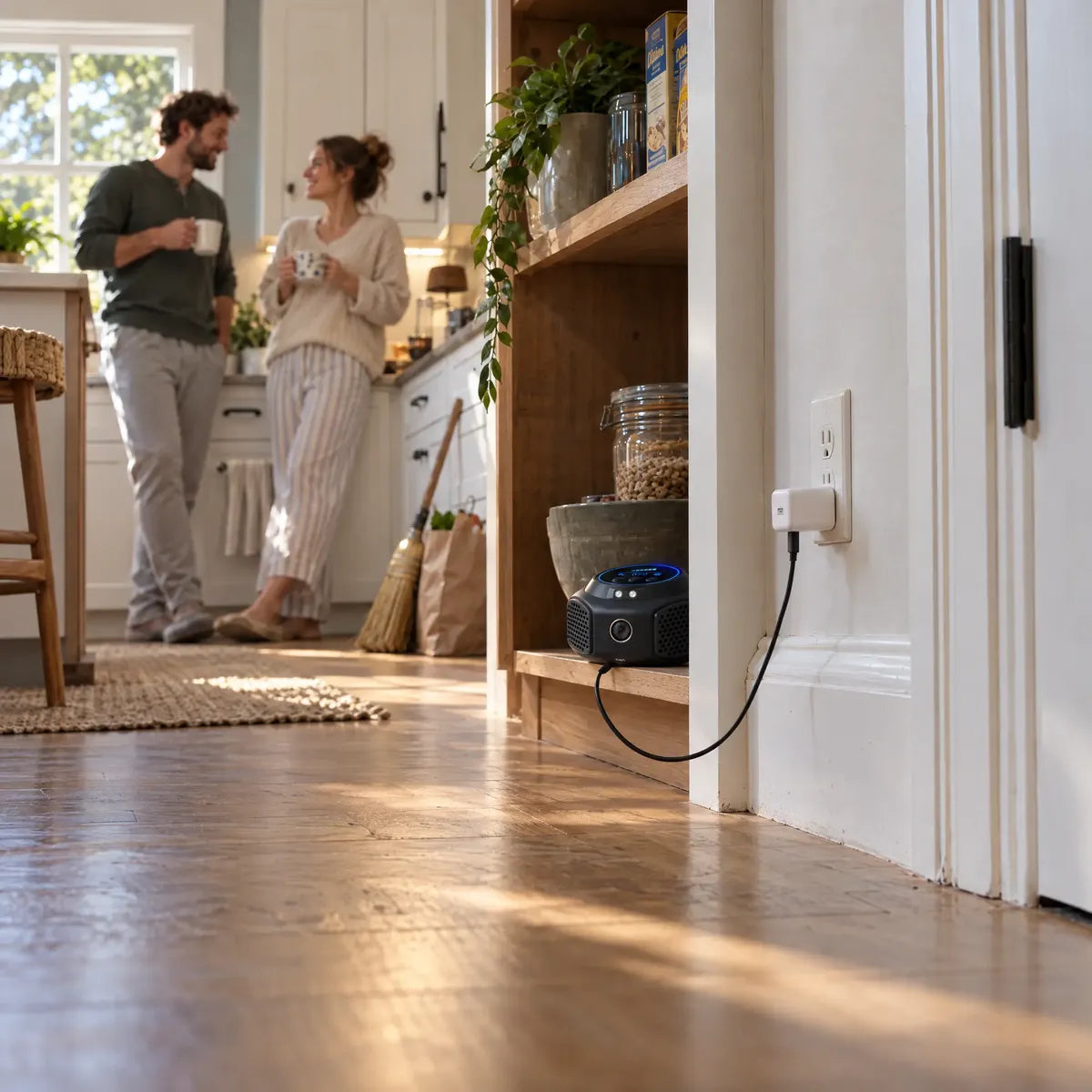 Dramatization: the same kitchen in the morning, a couple drinks coffee, a Wallhush unit on a low shelf