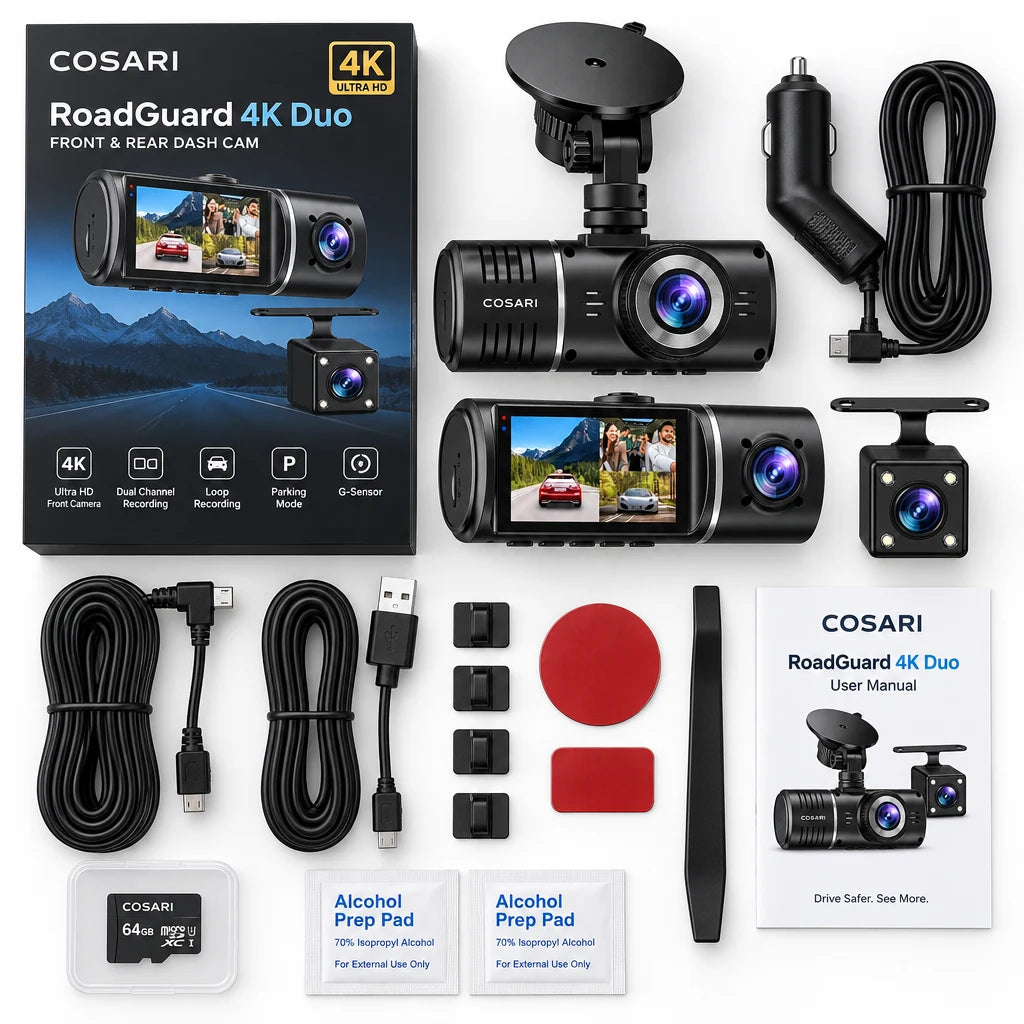 Cosari RoadGuard 4K Duo Front & Rear Dash Cam: 4K+1080P, STARVIS 2 Night Vision, 5GHz WiFi, GPS & 64GB Card - 4
