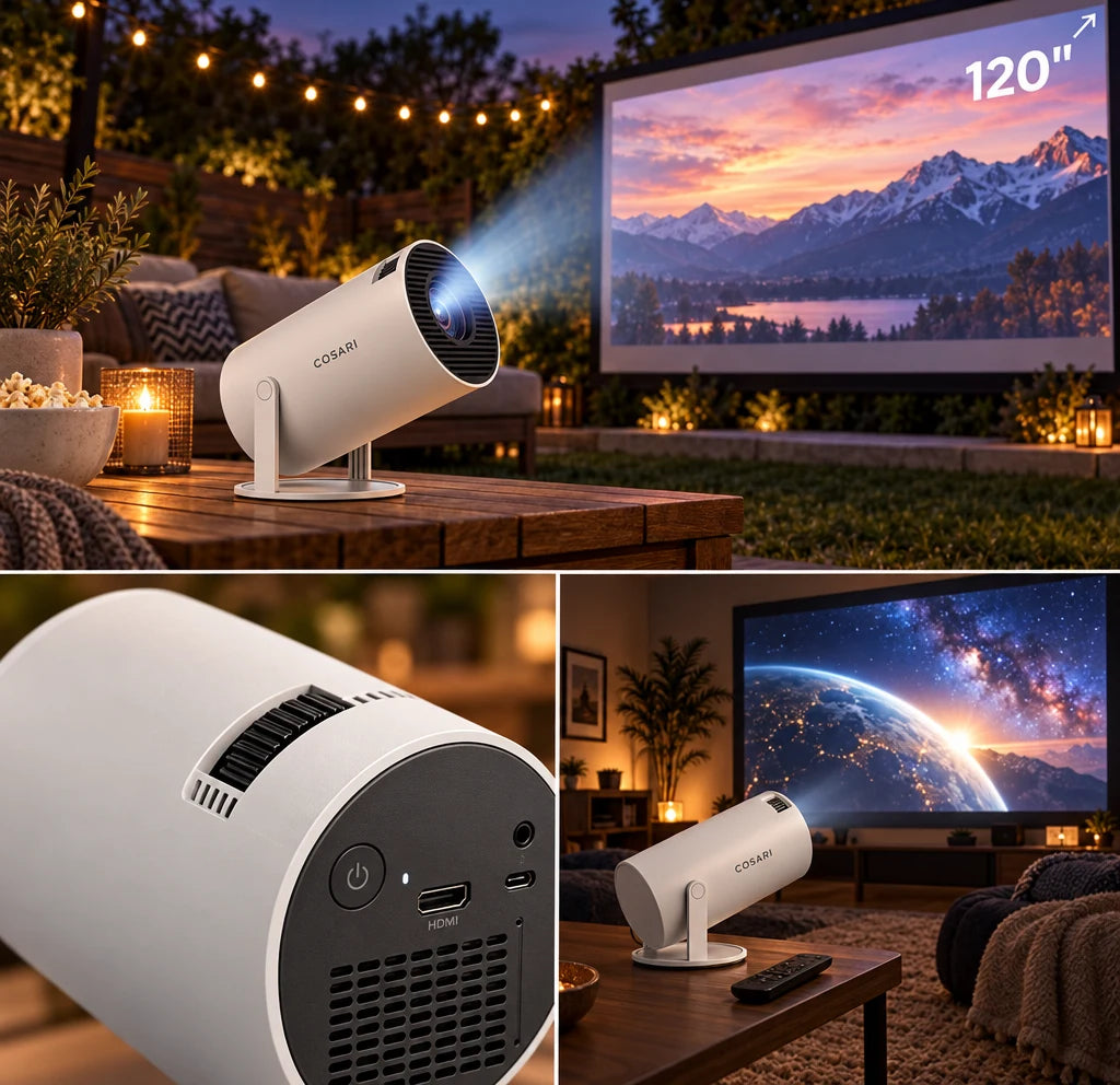 Cosari CineBeam Mini Projector: Native 1080P, 180° Ceiling Gimbal, Auto-Keystone, WiFi 6 & Bluetooth 5.3 - 5