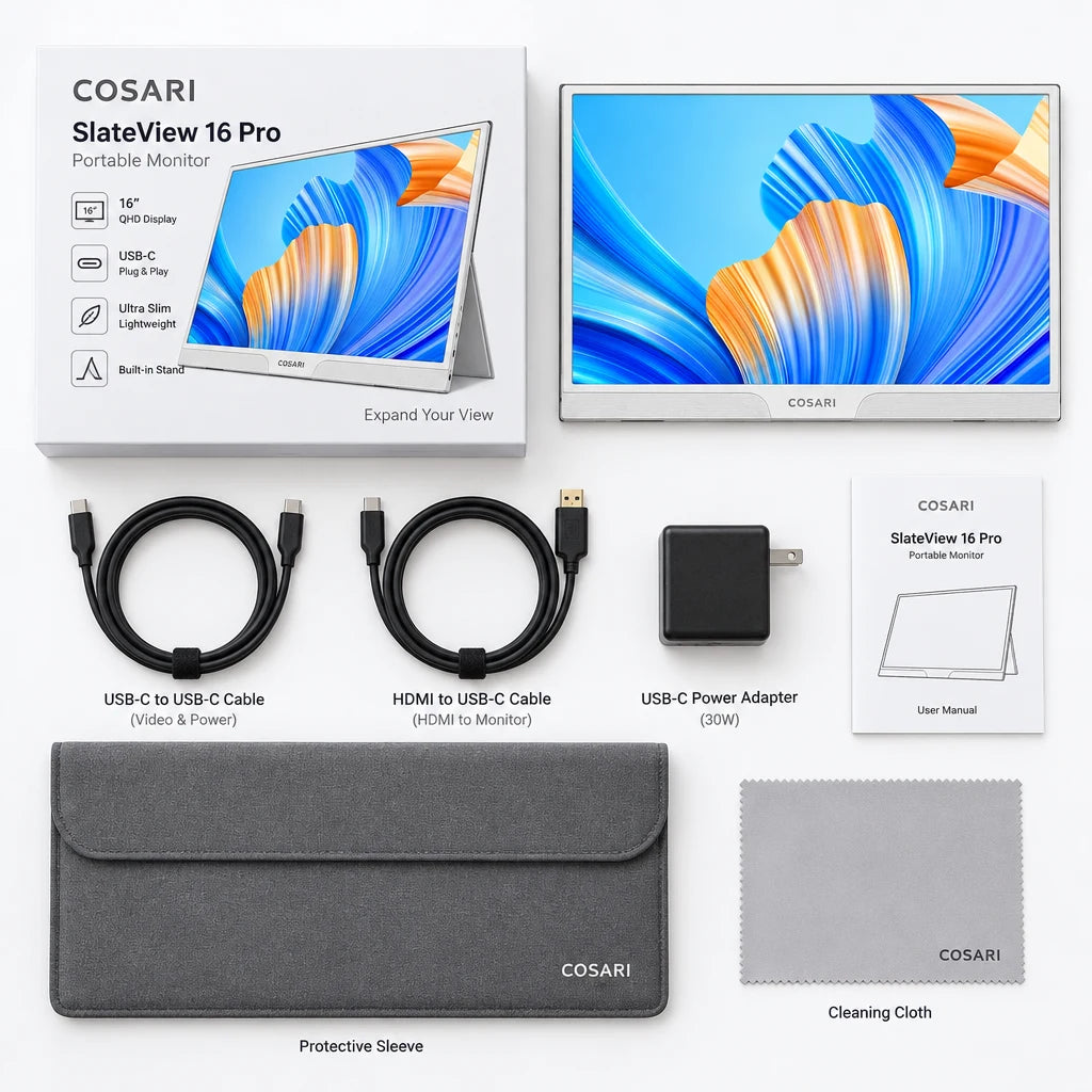 Cosari SlateView 16 Pro Portable Monitor: 15.6" 400-Nit Matte IPS, Dual USB-C, Mini-HDMI & Smart Folio - 4