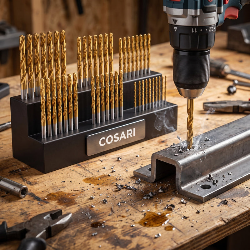 Cosari TitaniumBit Pro 50 — 50-Piece TiN-Coated HSS Metal & Wood Drill Bit Set + Stand