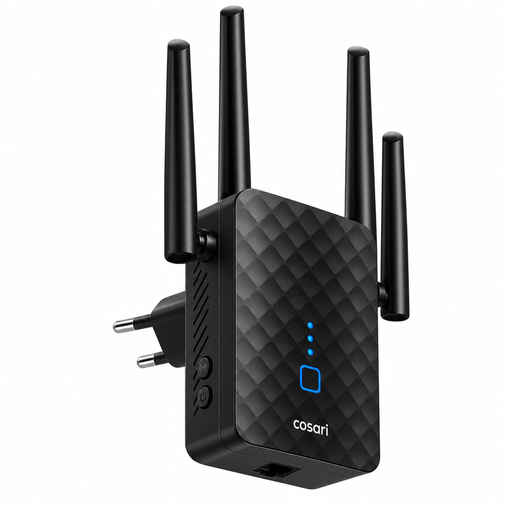 Cosari Reach 1200 Seitenansicht mit WPS-Taste und LAN-Port