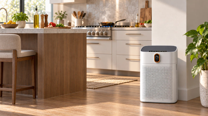 Cosari ClearAir 300 by a kitchen with its display ring glowing orange while someone cooks