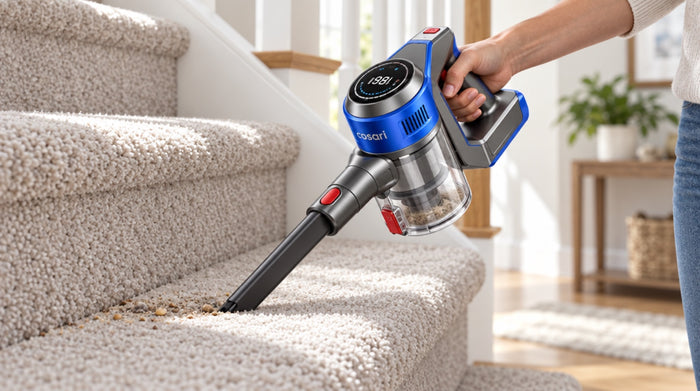 Swift V7 in handheld mode with crevice tool cleaning a carpeted stair
