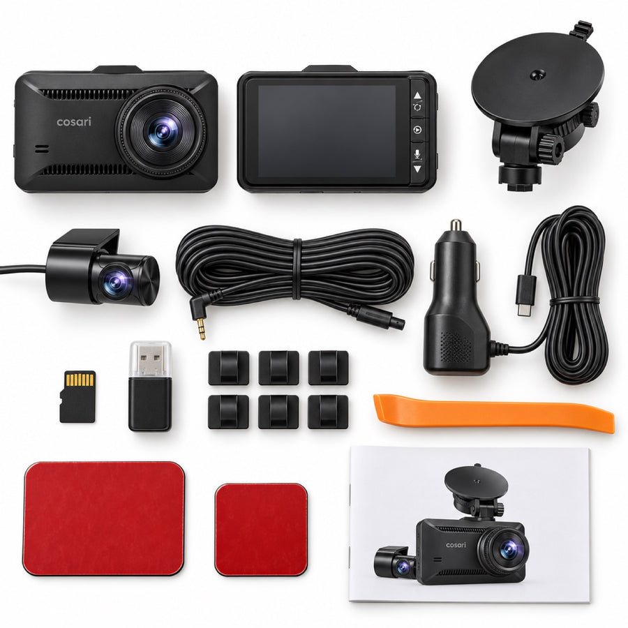 Everything in the Cosari Vista D4 box: front camera, rear camera, cables, suction mount, USB-C power cable, 32GB card, card reader, clips, trim tool and manual