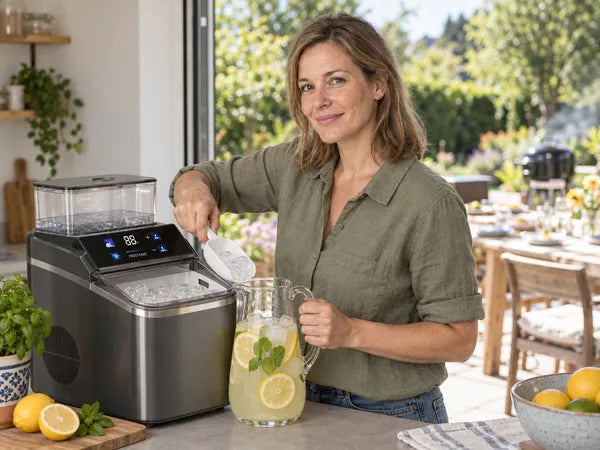 Eiswürfel werden in eine Karaffe Limonade geschaufelt