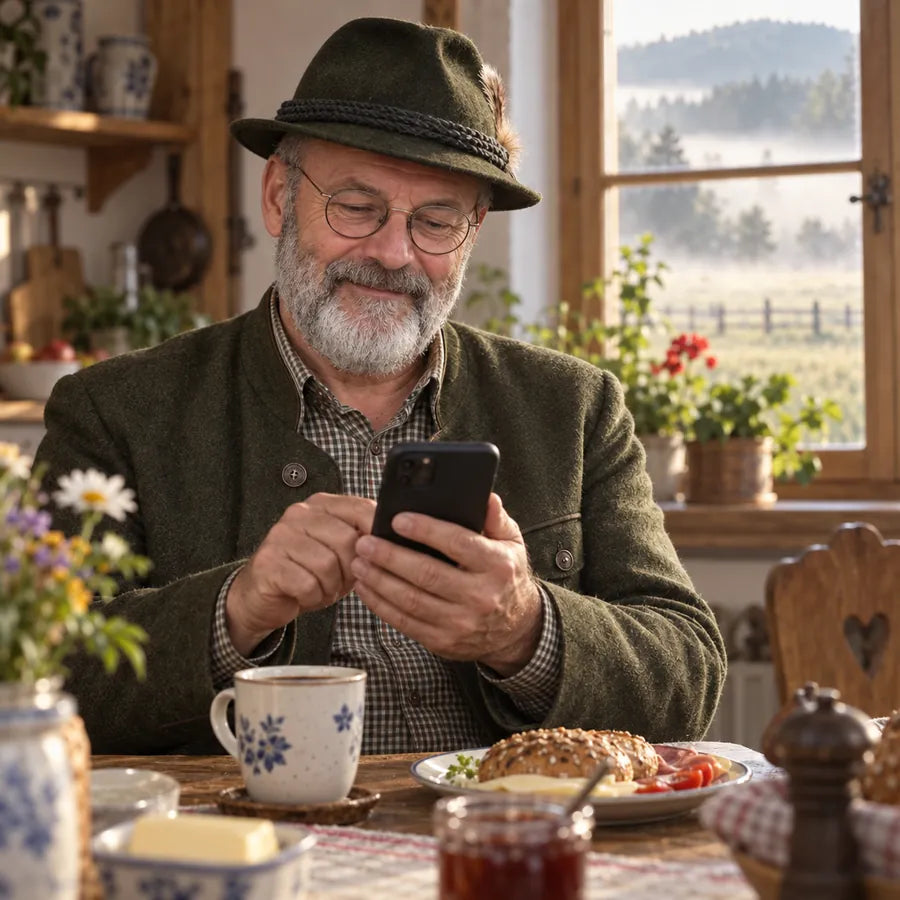 Mann beim Frühstück in einer Landhausküche schaut überrascht lächelnd aufs Handy