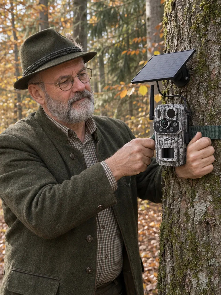 Mann gurtet die Revio-Wildkamera an einen Baumstamm