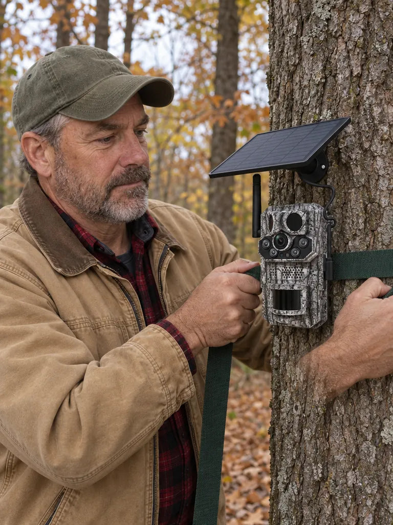 Man strapping the Revio trail camera to a tree