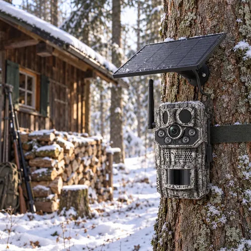 Revio on a tree by a cabin in the snow