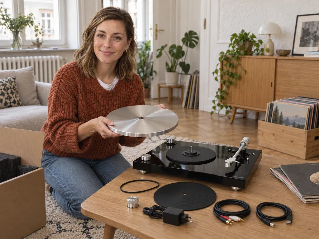 Eine Frau packt den Rillwerk One aus: Gehäuse, Plattenteller, Riemen, Gummimatte, Gegengewicht, Netzteil, Cinch- und USB-Kabel liegen auf dem Tisch