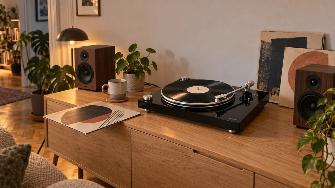 Der Rillwerk One spielt eine Platte auf einem Eichen-Sideboard zwischen zwei Nussbaum-Regalboxen im Altbau-Wohnzimmer