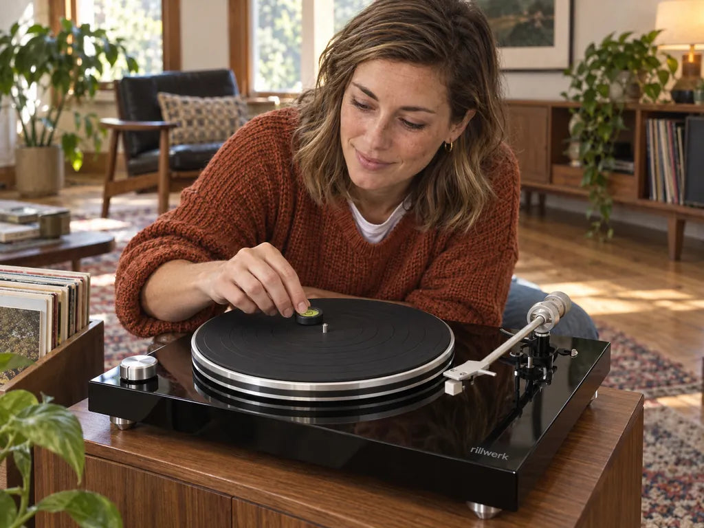 A woman sets a small round bubble level on the platter