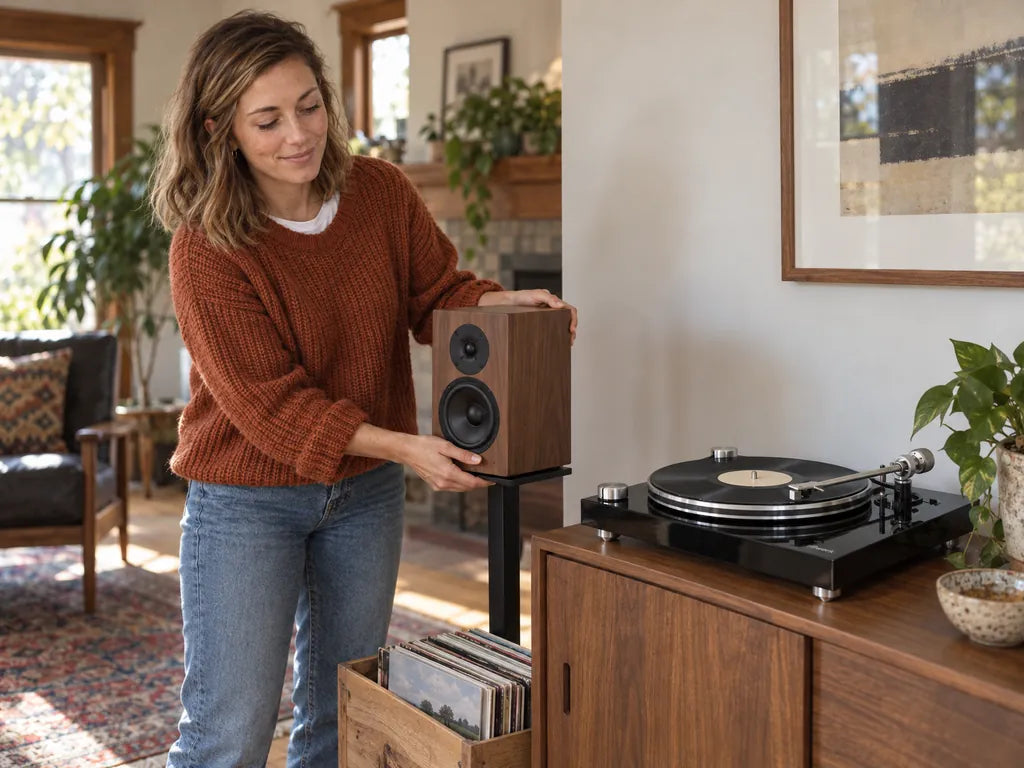 A woman sets a bookshelf speaker on a stand next to the console