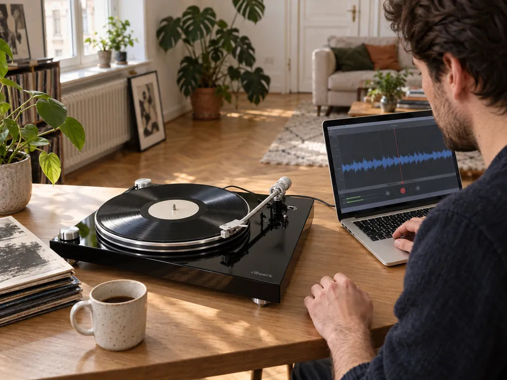 The Rillwerk One plays a record while a USB cable runs to a laptop showing the recording as a waveform