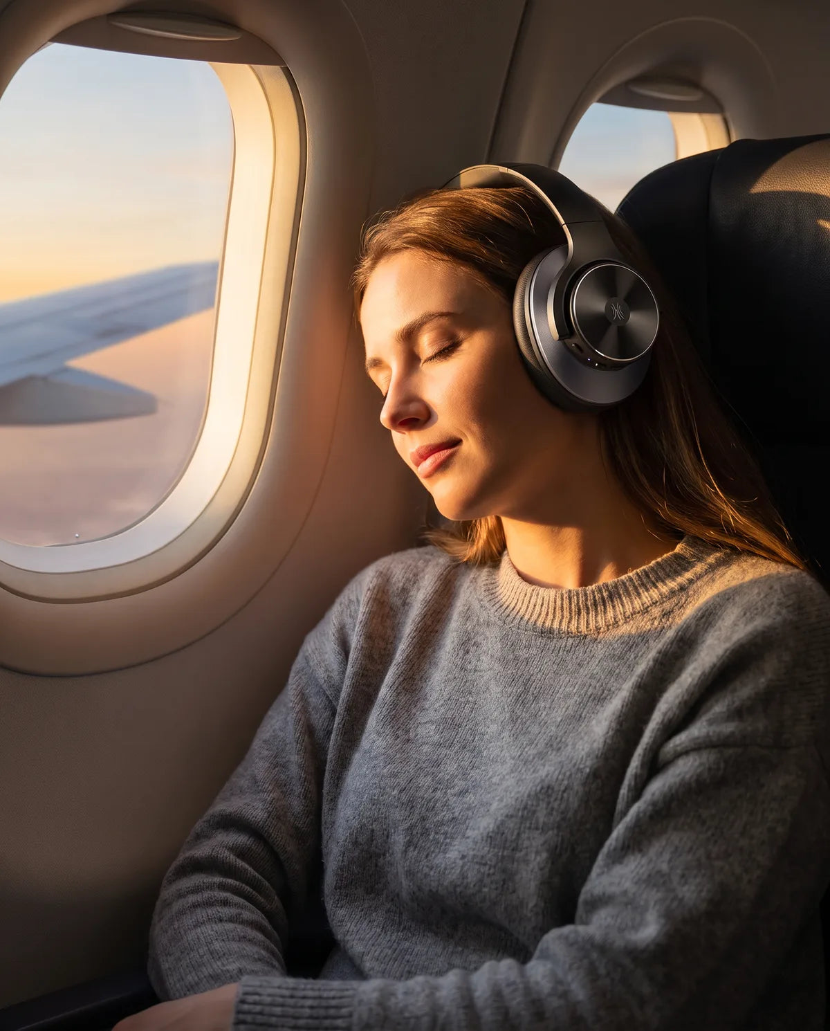 Traveller asleep by a plane window wearing the headphones