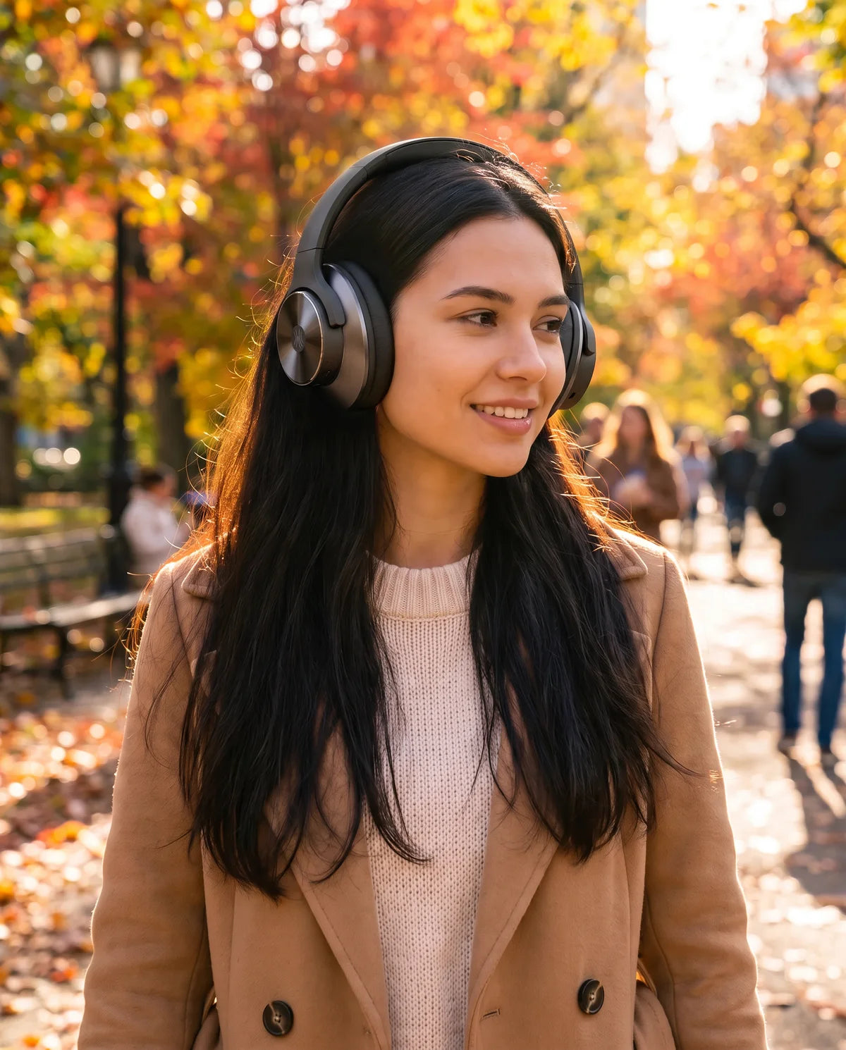 Woman walking through an autumn park wearing the headphones in black