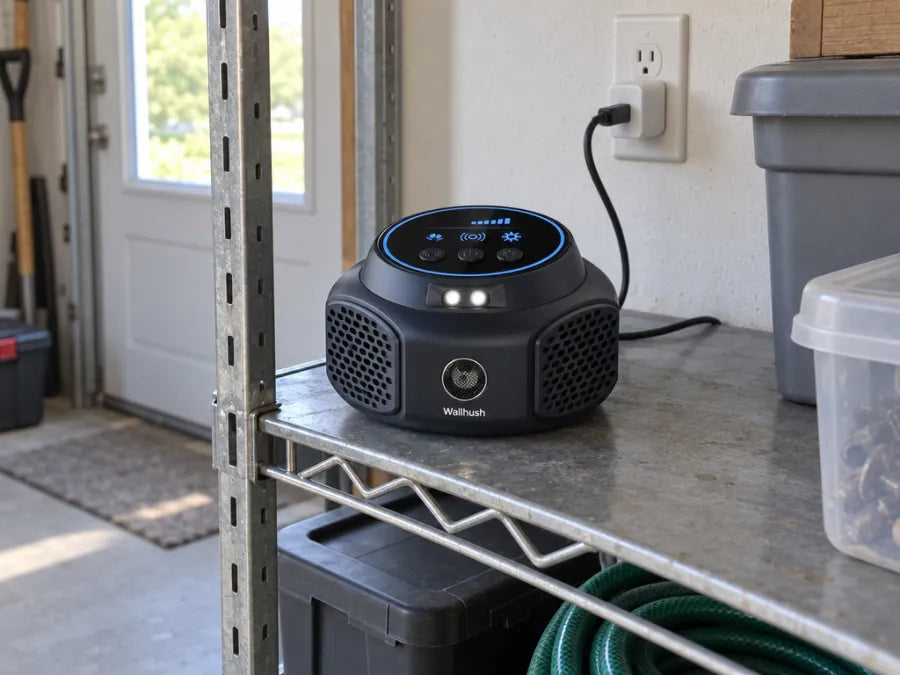 A Wallhush unit on a garage shelf
