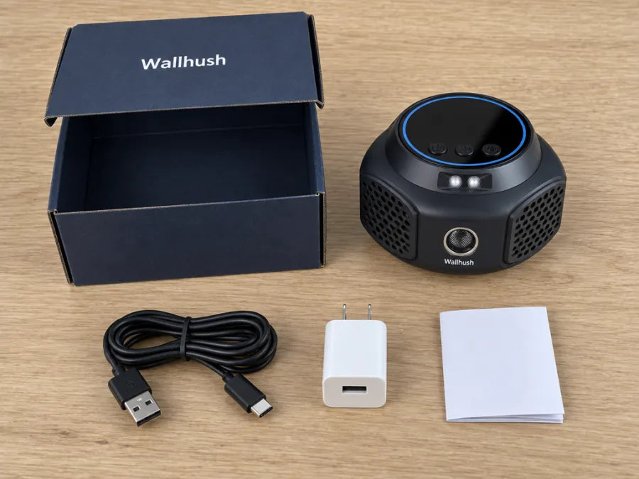 Wallhush unit, USB-C cable, wall adapter and quick-start guide